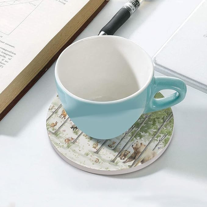 Round-6PCS Forest Drink Coasters, Round Modern Ceramic Absorbent Coasters, Cartoon Forest Nature Animal Bear, Deer, Fox, Rabbit Style Decor Desk Coffee Table Coaster for Beverage Cup Tea Coasters