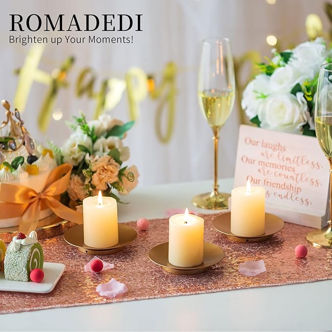 Romadedi Iron Plate Candle Holder, Gold Candle Holders for Pillar, Set of 4 Small Candle Tray, Pillar Candle Holder Plate Metal Candle Stand for Coffee Table Decor, Wedding, Party, Home Decor