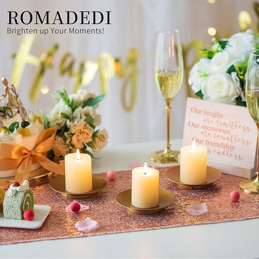 Romadedi Iron Plate Candle Holder - Gold Candle Holders for Pillar Candles, Set of 2 Small Candle Tray Pillar Candle Holder Plate Metal Candle Stand for Coffee Table Decor, Wedding, Party, Home Decor