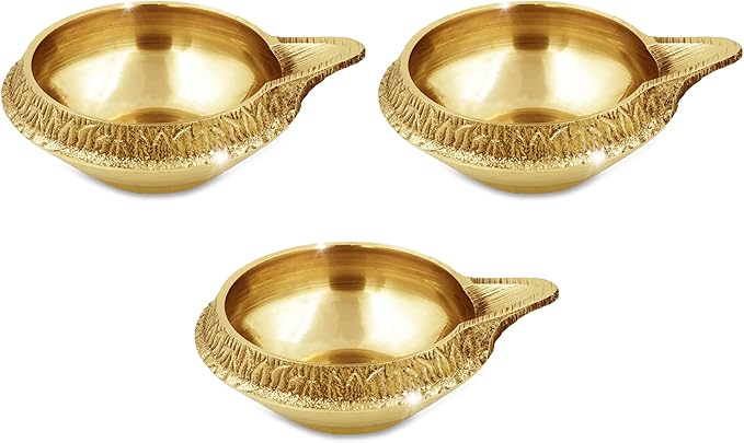 Shubhkart Premium Embossed Brass Diya Set of 3 – Handcrafted Oil Lamp Trio for Home Décor, Prayer Rooms, Yoga Corners, Festive Lighting & Gifting with Engraved Artwork and Heavy-Duty Brass Shine