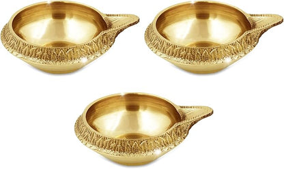 Shubhkart Premium Embossed Brass Diya Set of 3 – Handcrafted Oil Lamp Trio for Home Décor, Prayer Rooms, Yoga Corners, Festive Lighting & Gifting with Engraved Artwork and Heavy-Duty Brass Shine