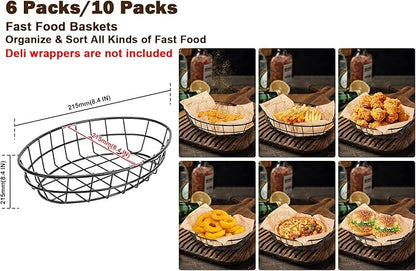 10 Pack Metal Fast Food Oval Baskets, Wire Bread Basket for Serving, Reusable Chip Burger Fruit Vegetables Bowl Storage for Kitchen Table, Restaurants, Snack Bar, 9.5" x 6.3" x 2"