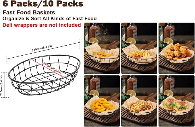 6 Pack Metal Fast Food Oval Baskets, Wire Bread Basket for Serving, Reusable Chip Burger Fruit Vegetables Bowl Storage for Kitchen Table, Restaurants, Snack Bar, 9.5" x 6.3" x 2"