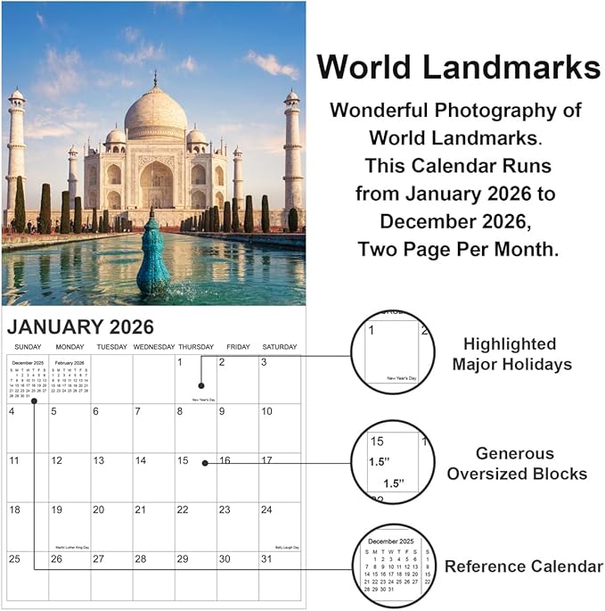 Calendar 2026 from January 2026 - December 2026, 12" x 24" Opened 12 Months Calendar, Full Page Months Thick & Sturdy Paper for Gift Perfect Calendar Organizing & Planning, Global Architecture