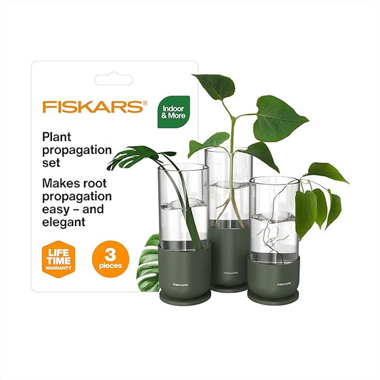 Fiskars Plant Propagation Set, 3 Pieces – Decorative Glass Propagation Vases with Metal Bases for Rooting Plant Cuttings and Hydroponic Displays