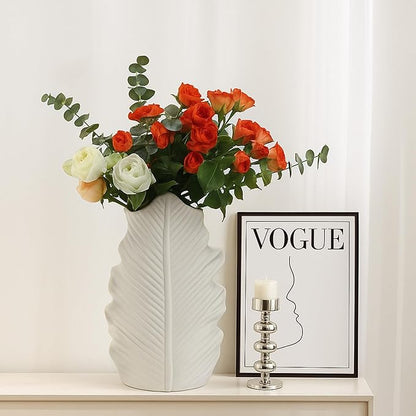 White Matte Ceramic Leaf-Shaped Vase – BEAHOT Modern Minimalist Decorative Flower Vase with Embossed Leaf Texture for Table Centerpiece, Home & Office Decor
