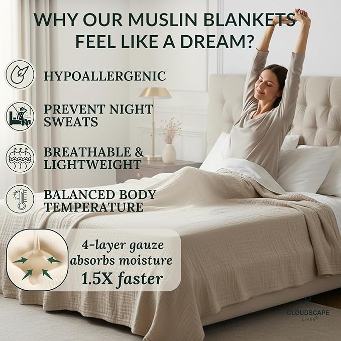 Luxury 100% Cotton Muslin Blanket Twin Size, 4 Layer 68x90 Fits Upto TwinXL Bed, Soft Cotton Gauze Quilt, Layering Winter Blankets for Bed, All Season Fog Bedding