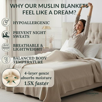 Luxury 100% Cotton Muslin Blanket Twin Size, 4 Layer 68x90 Fits Upto TwinXL Bed, Soft Cotton Gauze Quilt, Layering Winter Blankets for Bed, All Season Fog Bedding