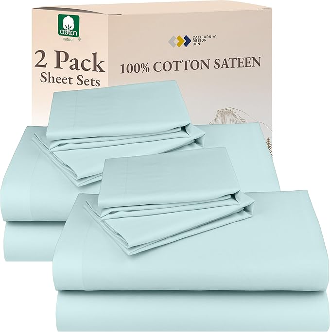 California Design Den 100% Cotton 2-Pack Sheets Set for Queen Size Bed, Soft & Durable Cotton Sheets Deep Pocket, Queen Sheet Set with Sateen Sheets (Seafoam)