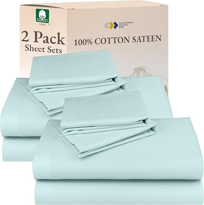 California Design Den 100% Cotton 2-Pack Sheets Set for Queen Size Bed, Soft & Durable Cotton Sheets Deep Pocket, Queen Sheet Set with Sateen Sheets (Seafoam)