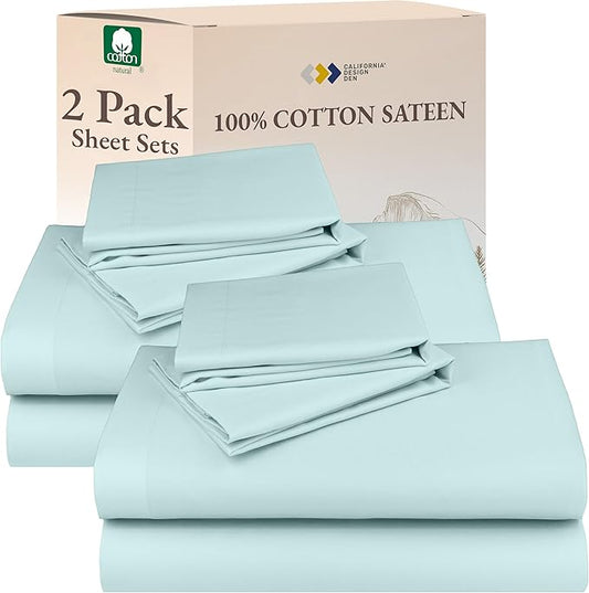 California Design Den 100% Cotton 2-Pack Sheets Set for Queen Size Bed, Soft & Durable Cotton Sheets Deep Pocket, Queen Sheet Set with Sateen Sheets (Seafoam)