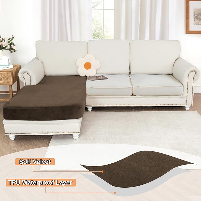 NAISI Waterproof Couch Cushion Covers Thick Velvet Fabric Washable Sofa Slipcovers 1 Piece Individual Sectional Couch Covers with Elastic Bottom(1 PC for Chaise Lounge,Caramel)