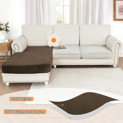 NAISI Waterproof Couch Cushion Covers Thick Velvet Fabric Washable Sofa Slipcovers 1 Piece Individual Sectional Couch Covers with Elastic Bottom(1 PC for Chaise Lounge,Caramel)