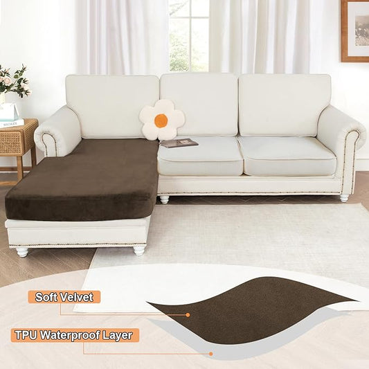 NAISI Waterproof Couch Cushion Covers Thick Velvet Fabric Washable Sofa Slipcovers 1 Piece Individual Sectional Couch Covers with Elastic Bottom(1 PC for Chaise Lounge,Caramel)