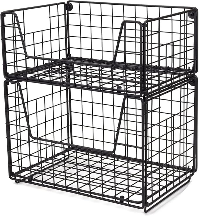 TIEYIPIN 2 Tier Metal Wire Storage Basket, Stackable Fruit Vegetable Food Baskets Cabinet Organizer Pantry Bin for Home Bathroom Kitchen Office Organization - Black
