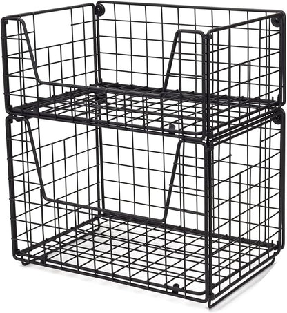TIEYIPIN 2 Tier Metal Wire Storage Basket, Stackable Fruit Vegetable Food Baskets Cabinet Organizer Pantry Bin for Home Bathroom Kitchen Office Organization - Black