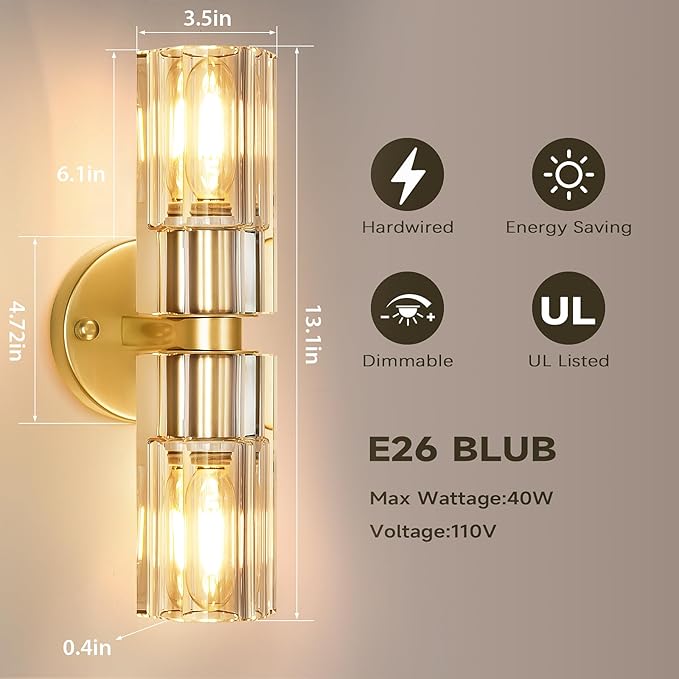 Crystal Wall Sconces Set of Two, 13'' Modern Brass Sconces Lighting with K9 Crystal Lampshade, Indoor Large Brass Wall Light Fixtures for Living Room Bathroom Hallway Stairs Bedroom