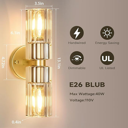 Crystal Wall Sconces Set of Two, 13'' Modern Brass Sconces Lighting with K9 Crystal Lampshade, Indoor Large Brass Wall Light Fixtures for Living Room Bathroom Hallway Stairs Bedroom