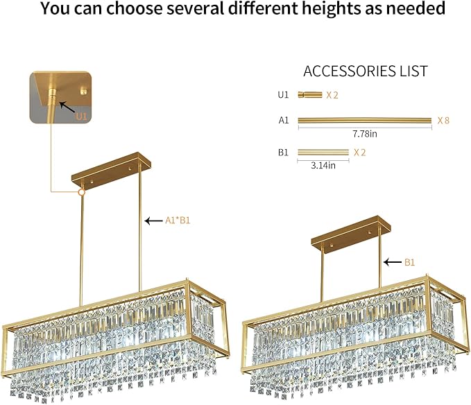 LMQNINE Modern Rectangle Chandelier for Dining Room, Gold Crystal Chandelier Linear Light Fixture, Farmhouse Chandeliers for Kitchen Island, Bar Table, L30.7'' x W9.84'' x H8.66''