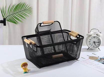 Metal Mesh Steel Basket, Medium Wire Storage Organizer Basket Multi-function Hanging Kitchen Basket with Wood Handle for Kitchen Bathroom Picnic Home, Rectangle-Black