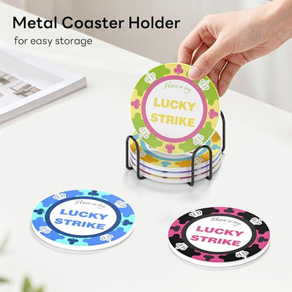 6-Piece Ceramic Coaster Set with Tray Diameter: 3.94 in Thickened Absorbent Material Heat-Resistant and Water-Absorbent Coaster Set Suitable for All Types of Cups， Lucky Alphabet
