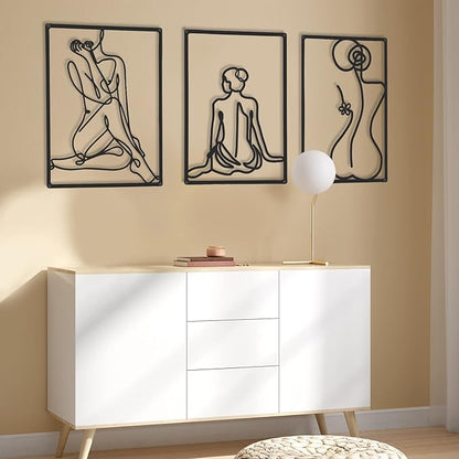CHENGU 3 Pieces Metal Minimalist Abstract Woman Wall Art Line Drawing Wall Art Decor Single Line Female Home Hanging for Kitchen Bathroom Living Room