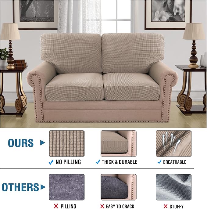 H.VERSAILTEX Multi-Pieces Loveseat Covers for 2 Cushion Couch High Stretch Couch Cushion Covers Jacquard Textured Twill Fabric(2 Seat Covers Plus 2 Back Cushion Covers, Sand)
