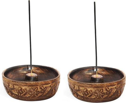 COTTON CRAFT - Wooden Incense Holder - 2 Pack Hand Carved Floral Incense Burner - Ash Catcher Bowl - Incense Sticks Aroma Room Freshener Zen Home Décor Gift - Yoga Meditation - 5 x 5 x 1.5 - Natural