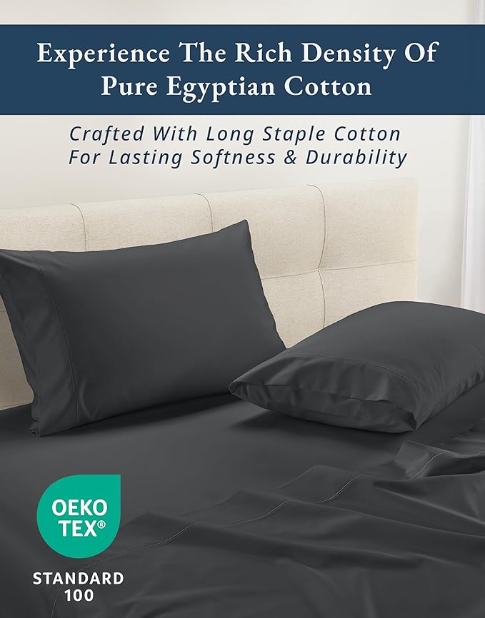 LANE LINEN 100% Egyptian Cotton Queen Sheets, Long Staple Mercerized Cotton No Pill Fade Resistant Silky Sateen Weave for Soft & Comfy Good Night Sleep, Deep Pocket Fits 15" Mattress - Moonless Night