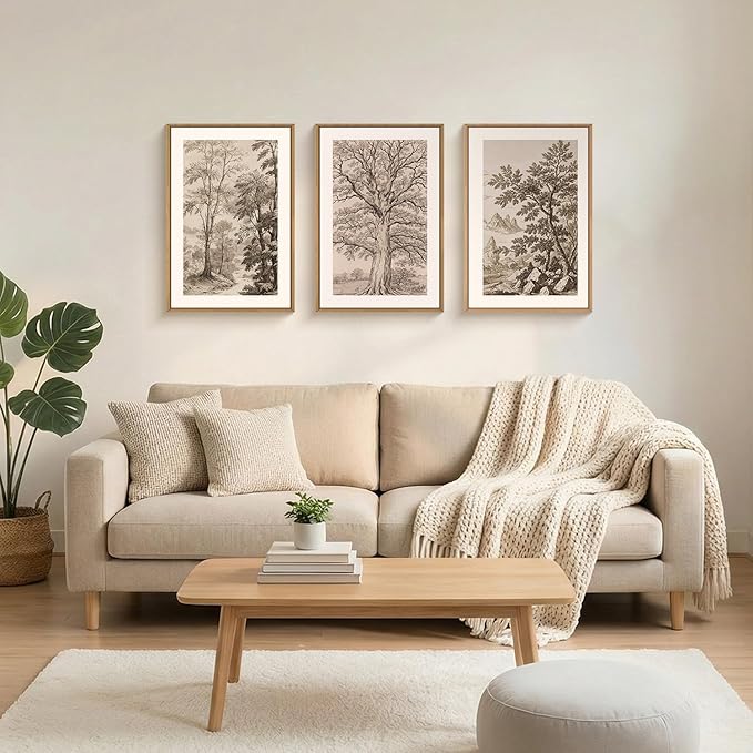 Aryroi Large Vintage Tree Sketch framed Canvas Wall Art,Brown and Beige Botanical Wall Decor,Natural Forest Artwork,Textured Landscape Art Print for Living Room,Bedroom,Office- 16"x24"x3