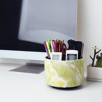 Round Leather Art Supply Organizer,Remote Control Holder,360-degree Rotating Pen Organizer with 4 Compartments(1-Marble Geen)