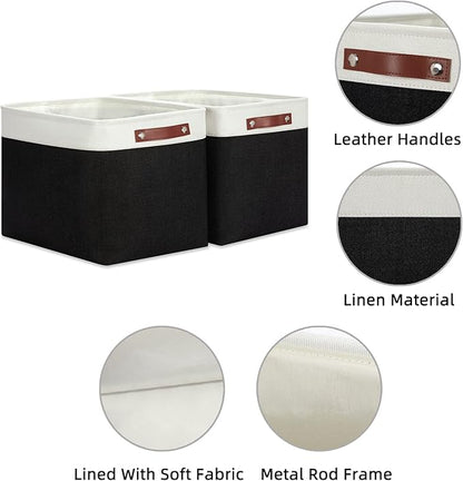 HNZIGE Decorative Organizer Baskets for Shelves 16"×11.8"×11.8" Large Storage Bins with Leather Handles (2 Pack) Foldable Storage Basket for Storage Bedroom, Balcony, Home, Laundry (Black&White)