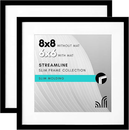 Americanflat 8x8 Picture Frame with Shatter-Resistant Glass - Set of 2 - Use as 6x6 Frame with Mat or Display 8x8 Photo Without Mat - Streamline Collection - Square Frames for Tabletop or Wall - Black
