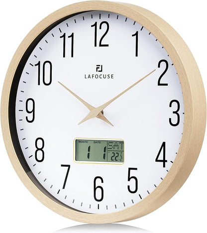 Lafocuse 12 Inch Silent Beige Wall Clock with Time Day Date Temperature, Battery Operated Wall Clock Analog and Digital with Calendar for Kitchen Living Room Home Décor