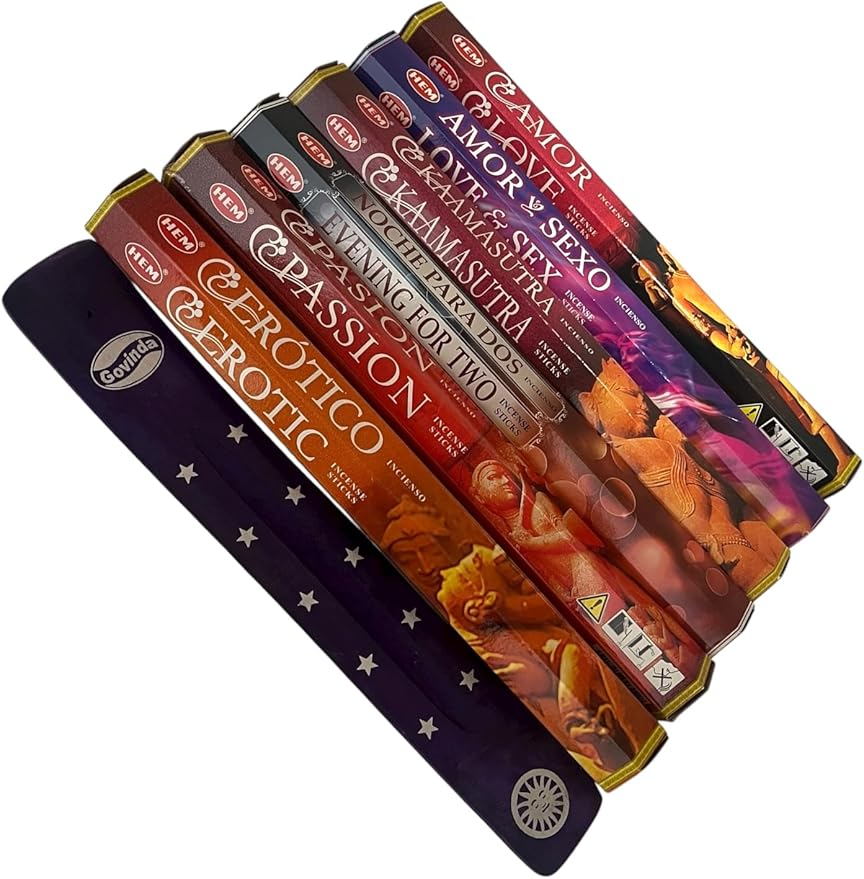 Hem Incense Sticks Variety Pack #3-120 Insence-Sticks (6 Incents x 20 Insense) and Incense Stick Holder Bundle with 6 Love Themed Fragrances