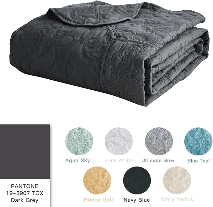 HZ & HY Oversized King Bedspread 128x120 Extra Wide, Quilted Coverlet Bedding Set, Lightweight Thin Comforter, Reversible, Luxurious, 5 Piece, 100% Microfiber, Dark Grey