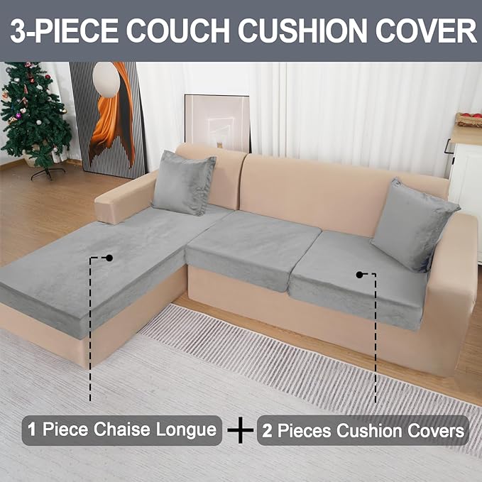 Sectional Couch Covers for 3-Piece Seat Cushion Velvet Separate L Shape Couch Cover Stretch Sofa Slipcover with 2 Pieces Pillowcases Furniture Protector (Sofa 2 Seater + 1 Chaise, Light Grey)