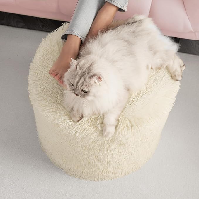 Hansleep Pouf Ottoman Foam Filled 20 x 15, Faux Fur Round Ottoman Foot Rest for Chair with Washable Cover, Foot Stools Under Desk for Living Room & Bedroom, Beige