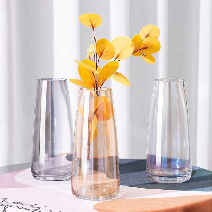Ekirlin Modern Glass Vase, 8.7 inch Irised Crystal Clear Glass Vase, Thickened Hand Blow Flower Vase Round Bottles for Home Decor, Bookshelf, Room, Office Decor (Crystal Grey)