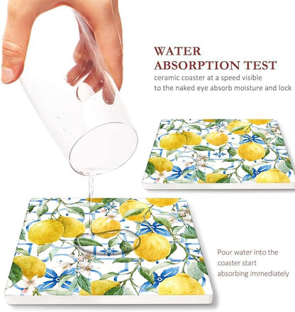 Coasters for Drinks Set of 6, Yellow Lemon Fruit Blue Ceramic Tiles Pattern Absorbent Square Ceramic Stone Mat, with Cork Base and Metal Holder, Gift for Housewarming Room Bar Decor