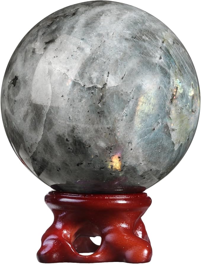 moonsix Natural Labradorite Crystal Sphere with Resin Stand Healing Energy Stone Decorative Ball Sculpture for Home Office Tabletop, 61-70 mm
