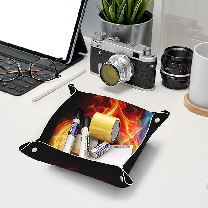 Valet Tray Gifts for Men Husband Boyfriend Boys – Catchall Bedside Vanity Tray, Nightstand Caddy Leather Holder for Keys, Wallet, Coins, Trinkets & Jewelry Cool Fire Soccer 030