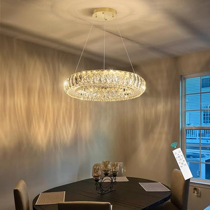 Modern Chandelier Crystal LED Dimmable Ring Pendant Lights Adjustable Hanging Lighting Chandeliers Fixtures for Dining Room Bedroom Kitchen Island Table Gold Light