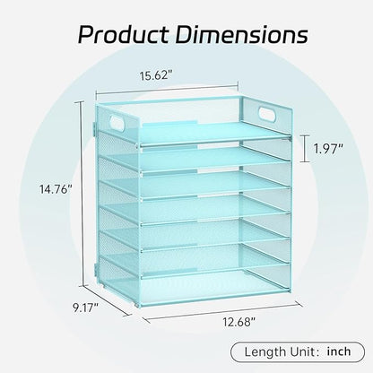 7 Tier Paper Organizer - Mesh Desktop File Holder with Handles for Office School Desk, Black (Blue)