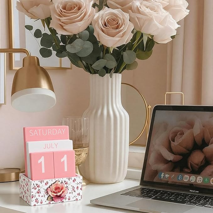 Pink Rose Wood Block Perpetual Calendar Coquettish Desk Decor Cute Month Week Date Display Decorative Block Calendar for Women Office Home Desk Gift for Women
