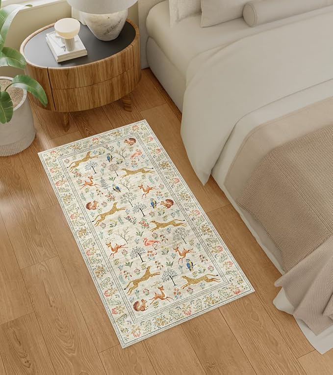 DUKINO 2x5 Rug for Hallway, Washable Kitchen Runner Rug with Non Slip Backing, Soft Low Pile Vintage Animal Runner for Bedroom, Kitchen, Hallway, Entryway, Laundry, Beige