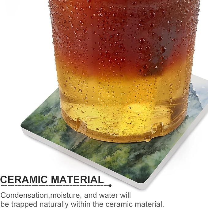 Square-6PCS Forest Drink Coasters, Square Modern Ceramic Absorbent Coasters, Watercolor Style Nature Woodland Green Forest Mountain Plant Decor Desk Coffee Table Coaster for Beverage Cup Tea Coasters