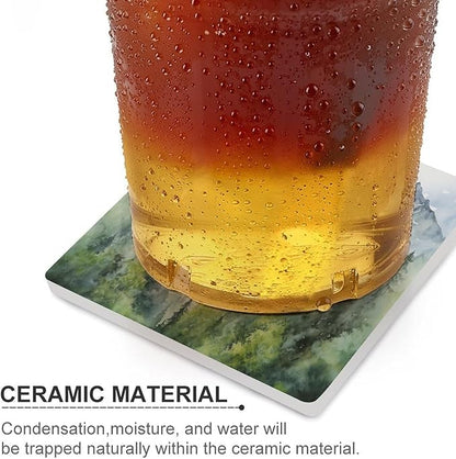 Square-6PCS Forest Drink Coasters, Square Modern Ceramic Absorbent Coasters, Watercolor Style Nature Woodland Green Forest Mountain Plant Decor Desk Coffee Table Coaster for Beverage Cup Tea Coasters