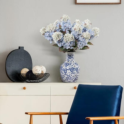 Hydrangea Artificial Flowers,Fall Hydrangeas Artificial Flowers,Blue Fake Fall Dried Hydrangea Flowers Decoration,Faux Silk Flower with Stems Winter Decor(Blue 24" 8pcs) Without Vase