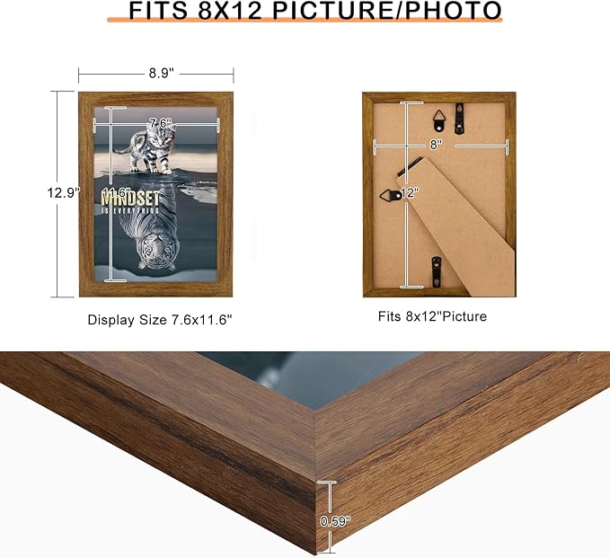 8x12 Picture Frame Rustic Brown, Distressed 12x8 Picture Frame, Pic Hanging Poster Frame, 8 by 12 Gallery Family Portrait Wall Photo Frame Horizontal and Vertical Display for Wall Hanging/Tabletop